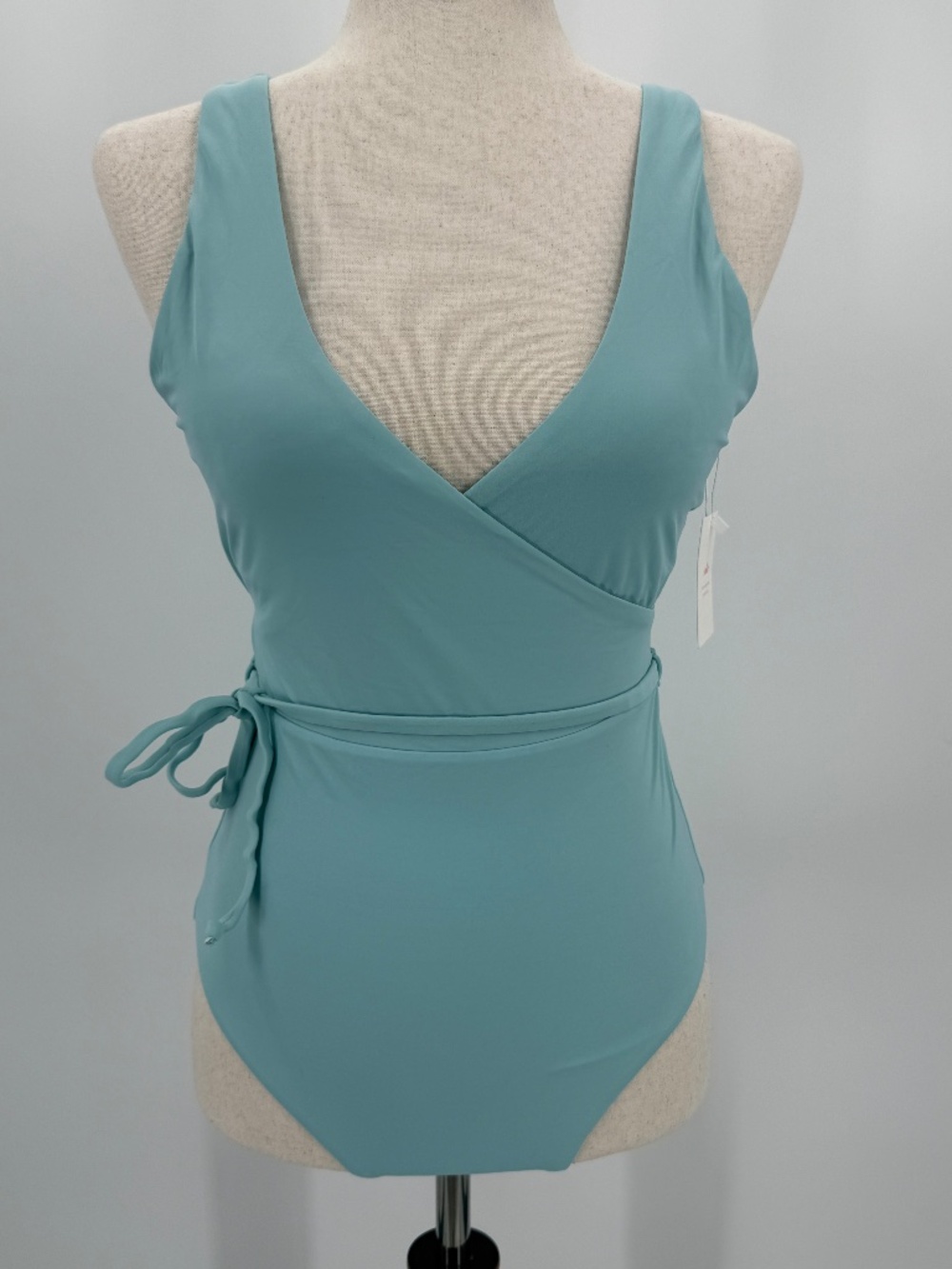 Andie Swim Marina One Piece Swimsuit Small Teal Blue Wrap Waist Plunge Bodysuit.